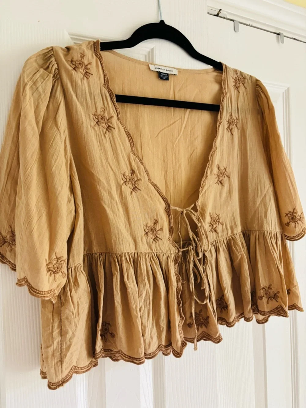 Embroidered Peplum Tie-Front Women's Top in Camel - Picture 3 of 5